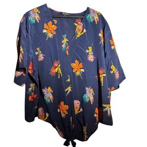 Madewell Women's 3X Silk Tie Front Blouse Floral V-Neck Short Sleeve